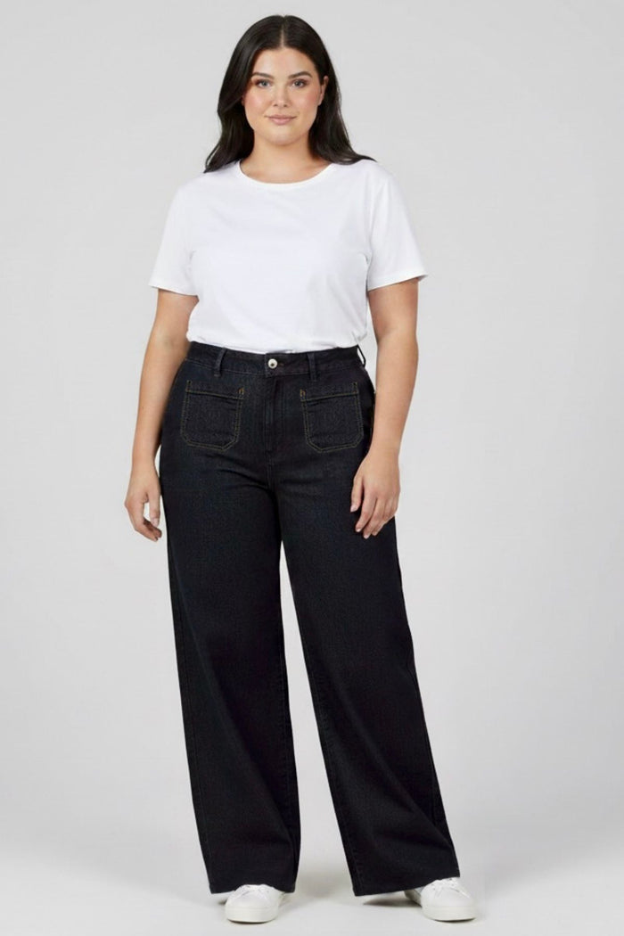 REEVE Plus Size High-Waist Wide Leg Jeans (Washed Black)