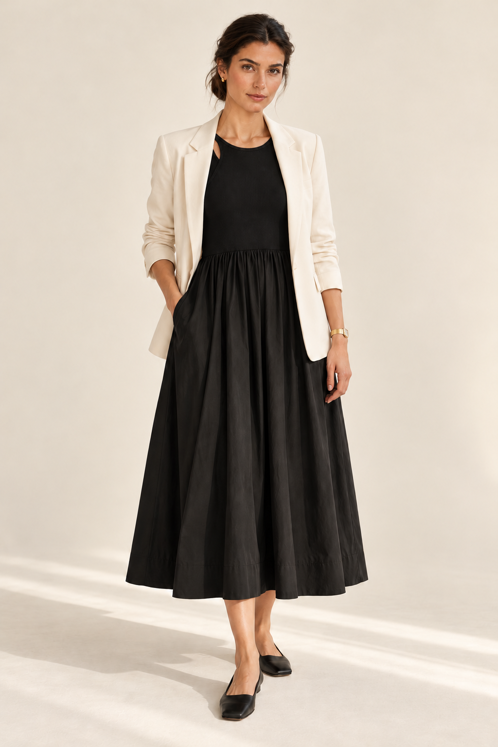 MARGOT Sleeveless Ribbed Bodice Midi Dress with Pockets (Black)