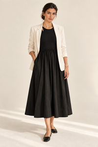 MARGOT Sleeveless Ribbed Bodice Midi Dress with Pockets (Black)