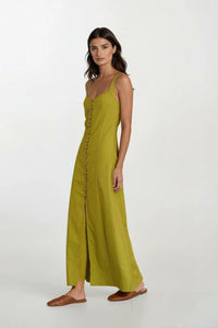 SOLENE Linen Button-Front Midi Dress (Olive Green)