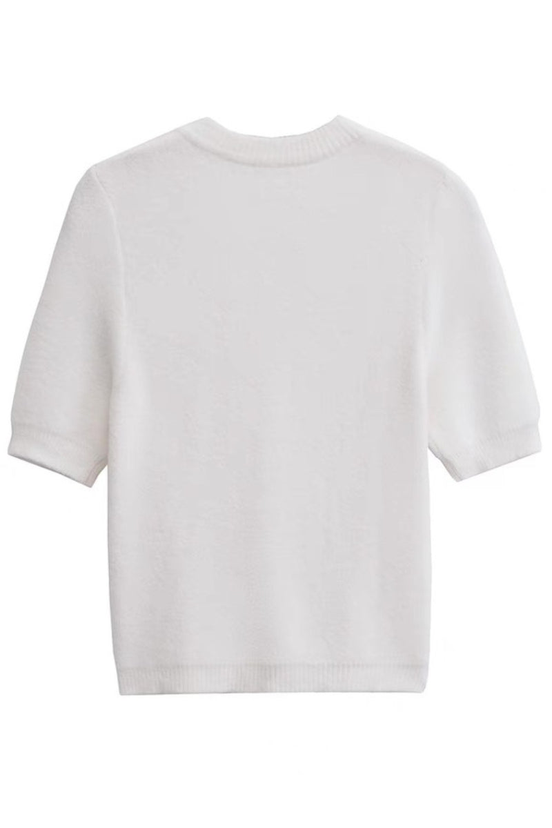 COLETTE Bow-Button Knit Cardigan Top (White)