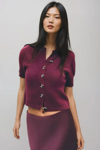 COLETTE Bow-Button Knit Cardigan Top (Burgundy Red)