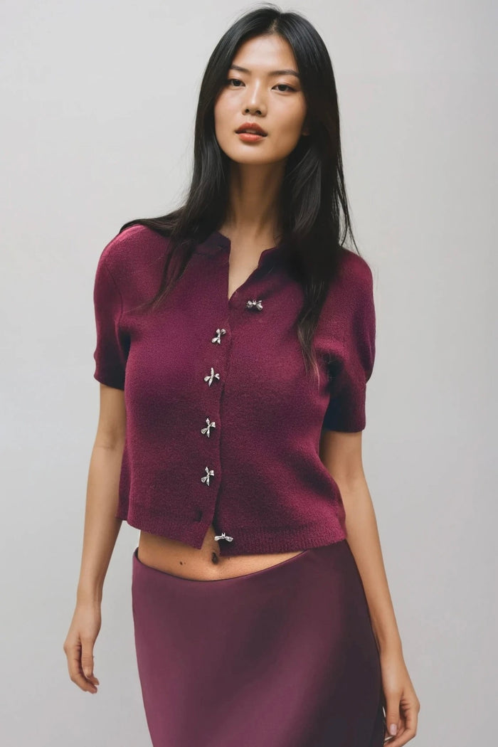 COLETTE Bow-Button Knit Cardigan Top (Burgundy Red)