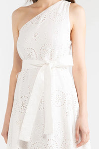 TESSA One-Shoulder Eyelet Midi Dress (White)