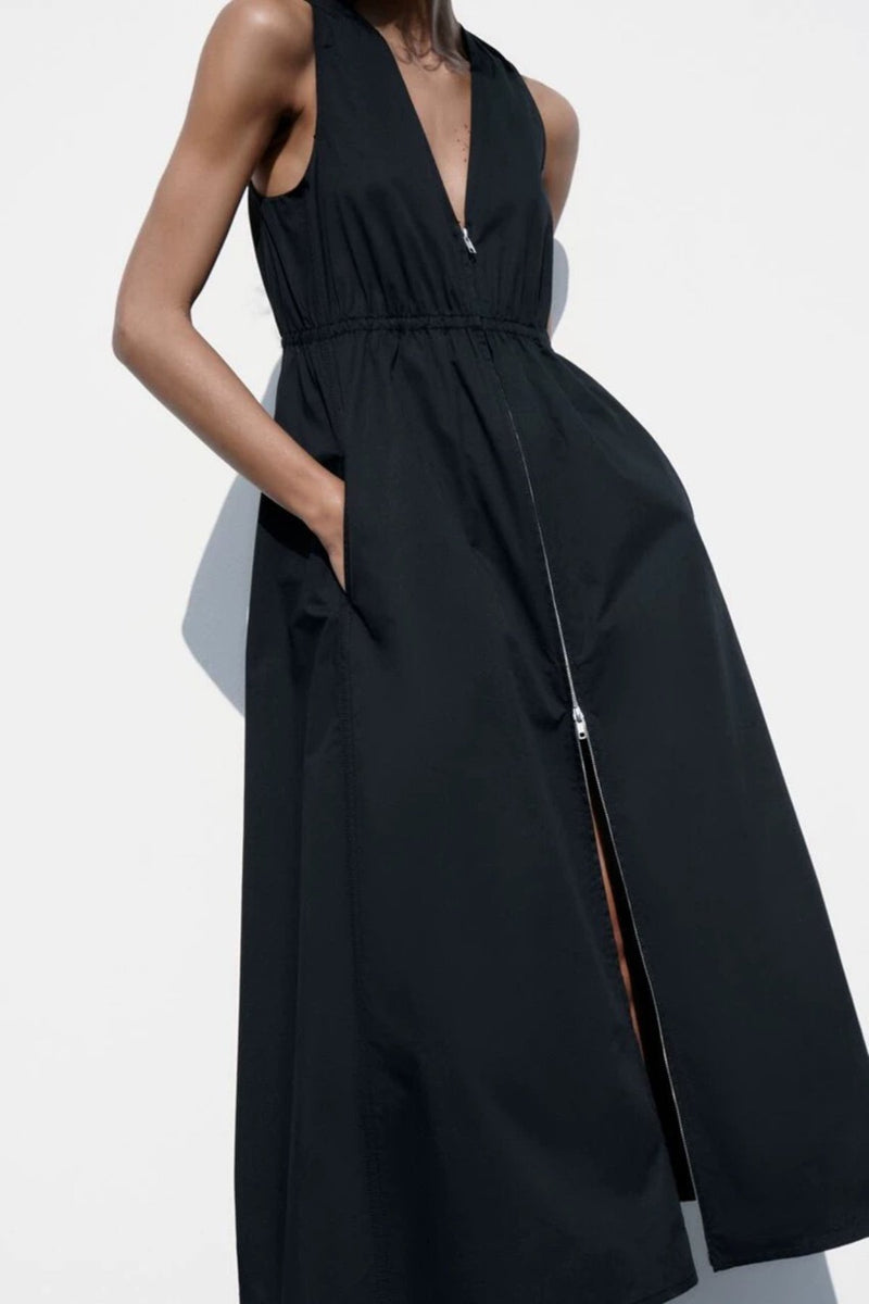 COLLINS 2-way Zip V-neck Midi Dress (Black)