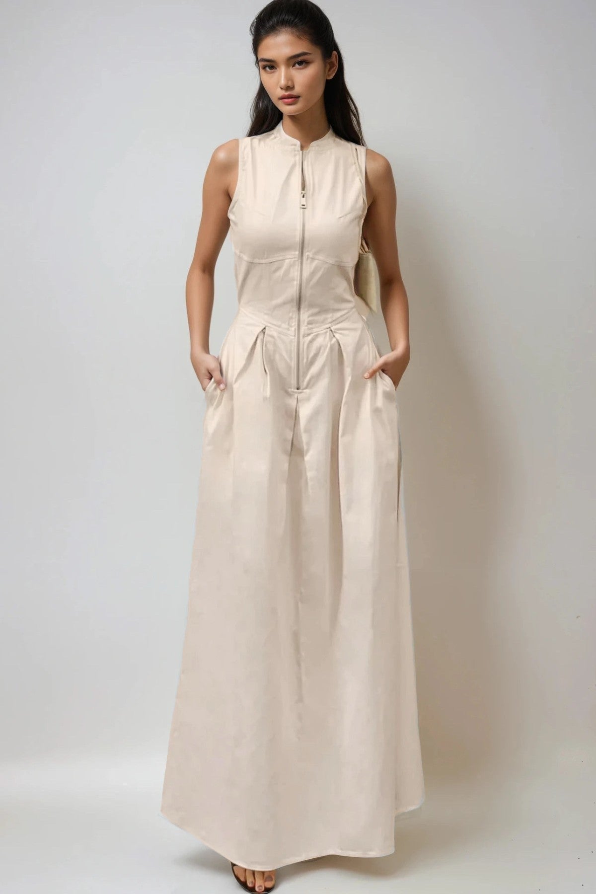 CARA Utility Zip Maxi Dress (Cream Beige)