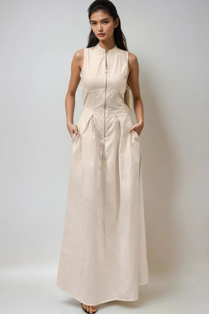 CARA Utility Zip Maxi Dress (Cream Beige)