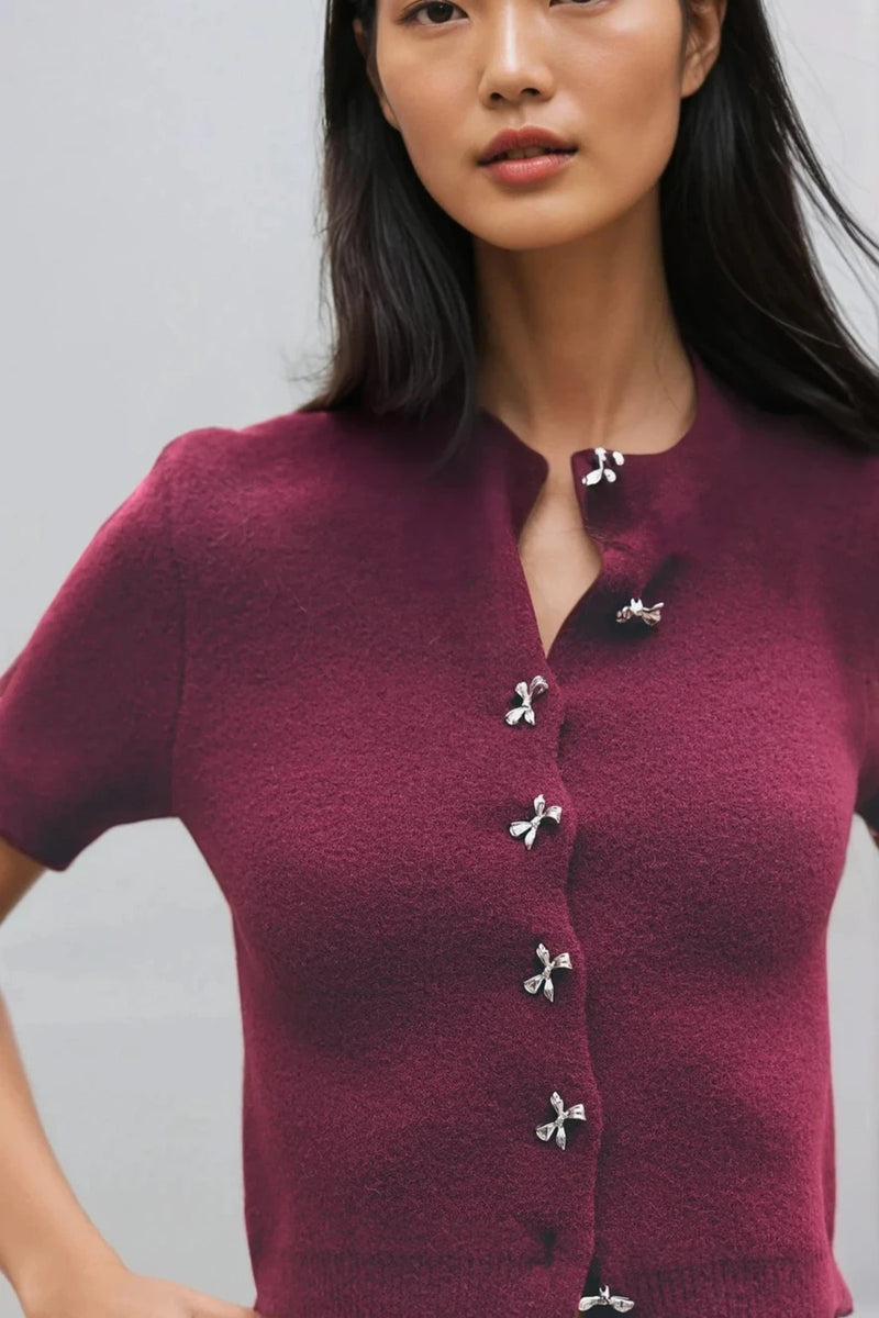 COLETTE Bow-Button Knit Cardigan Top (Burgundy Red)
