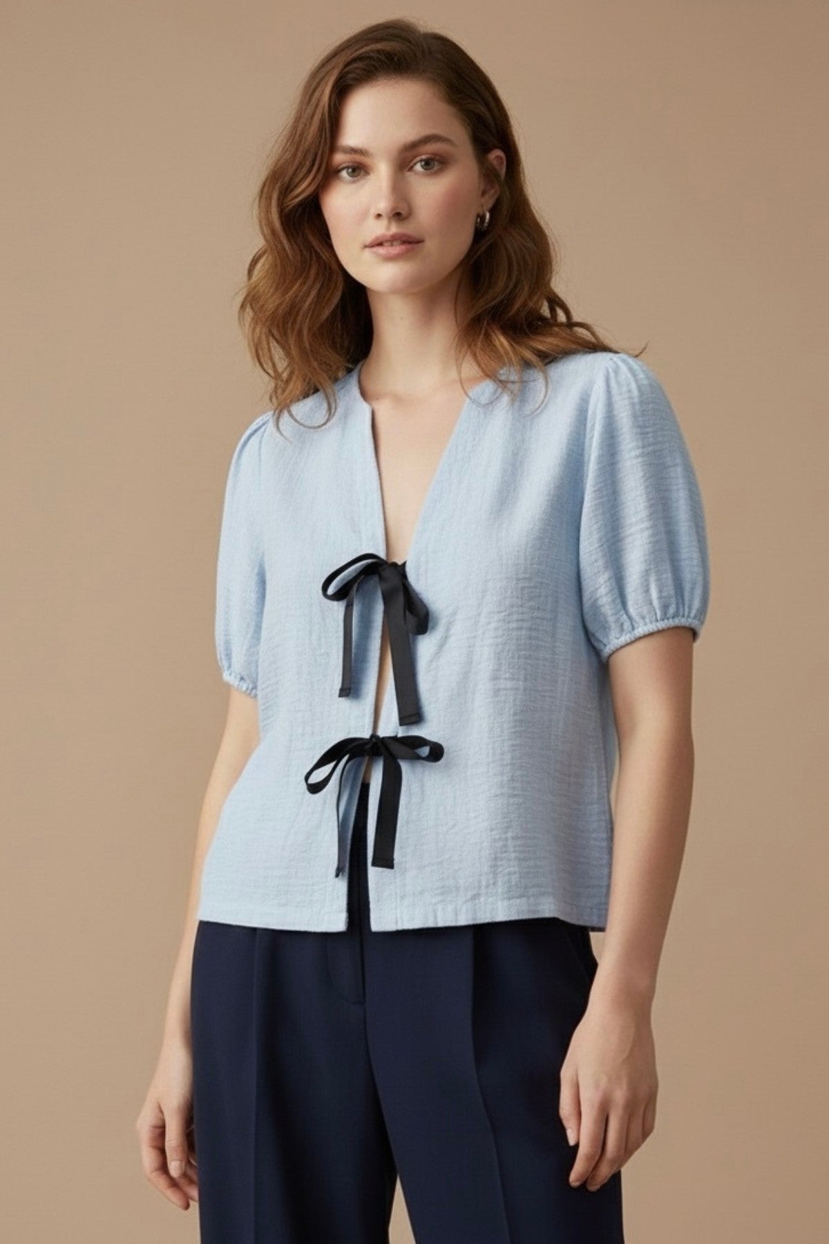 FINLEY V-neck Ribbon-Tie Puff Sleeve Top (Powder Blue)
