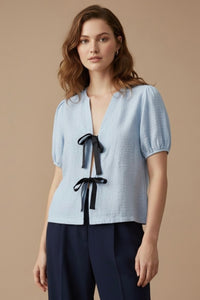 FINLEY V-neck Ribbon-Tie Puff Sleeve Top (Powder Blue)
