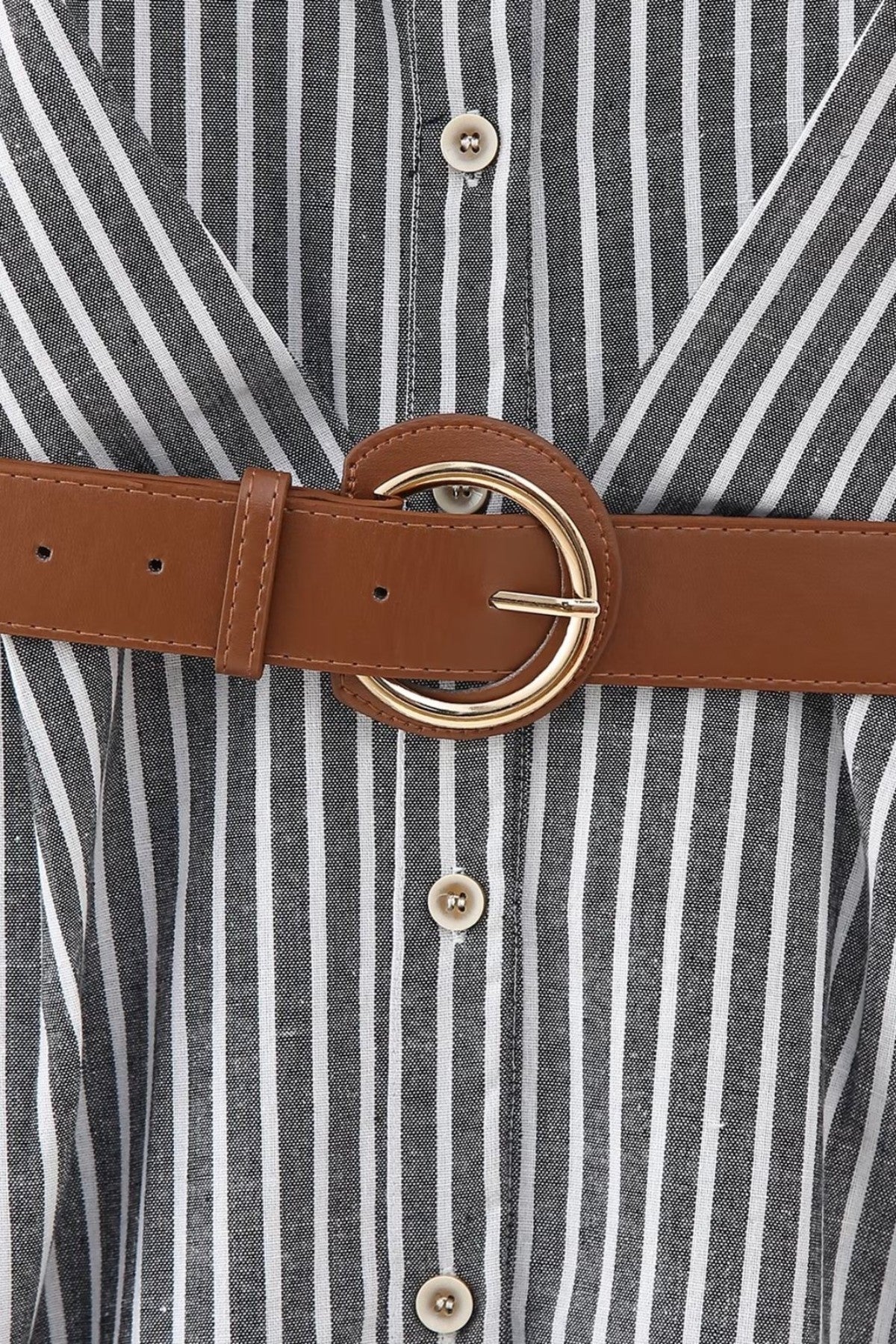 SKYLAR Striped Button-Down Dress W/ Belt (Deep Gray)