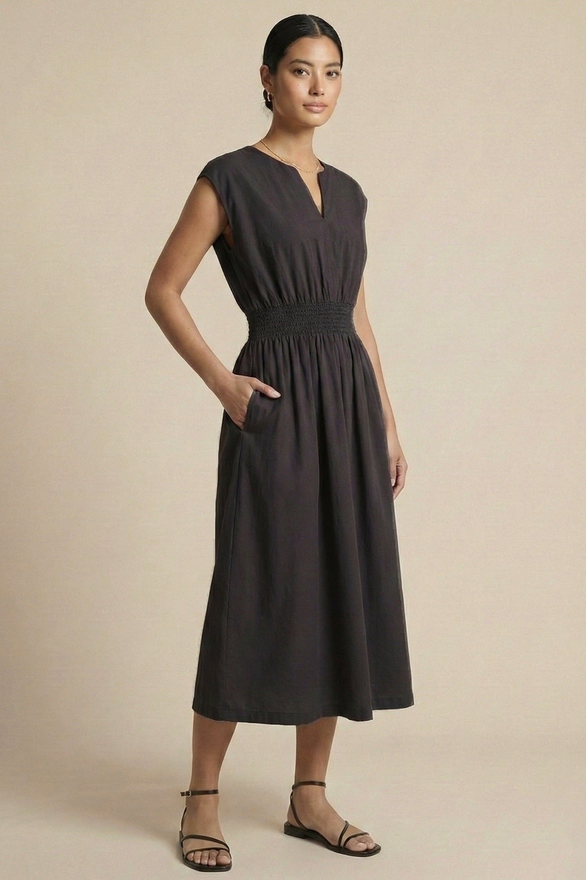 CELINE Smocked Waist Cotton Midi Dress with Pockets(Deep Gray)
