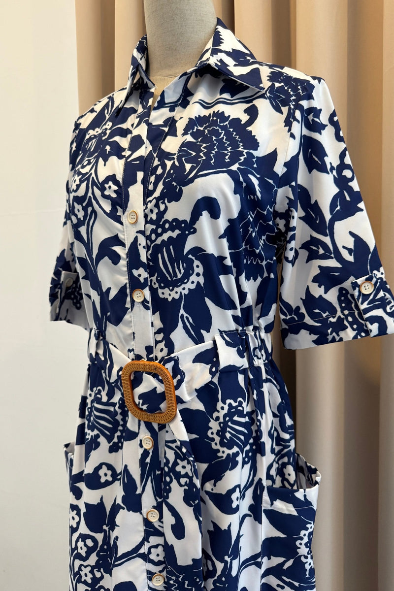 KEHLANI Belted Button-Down Midi Dress (Navy Blue)