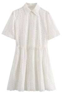 ELISA Button-Down Eyelet Mini Dress (White)