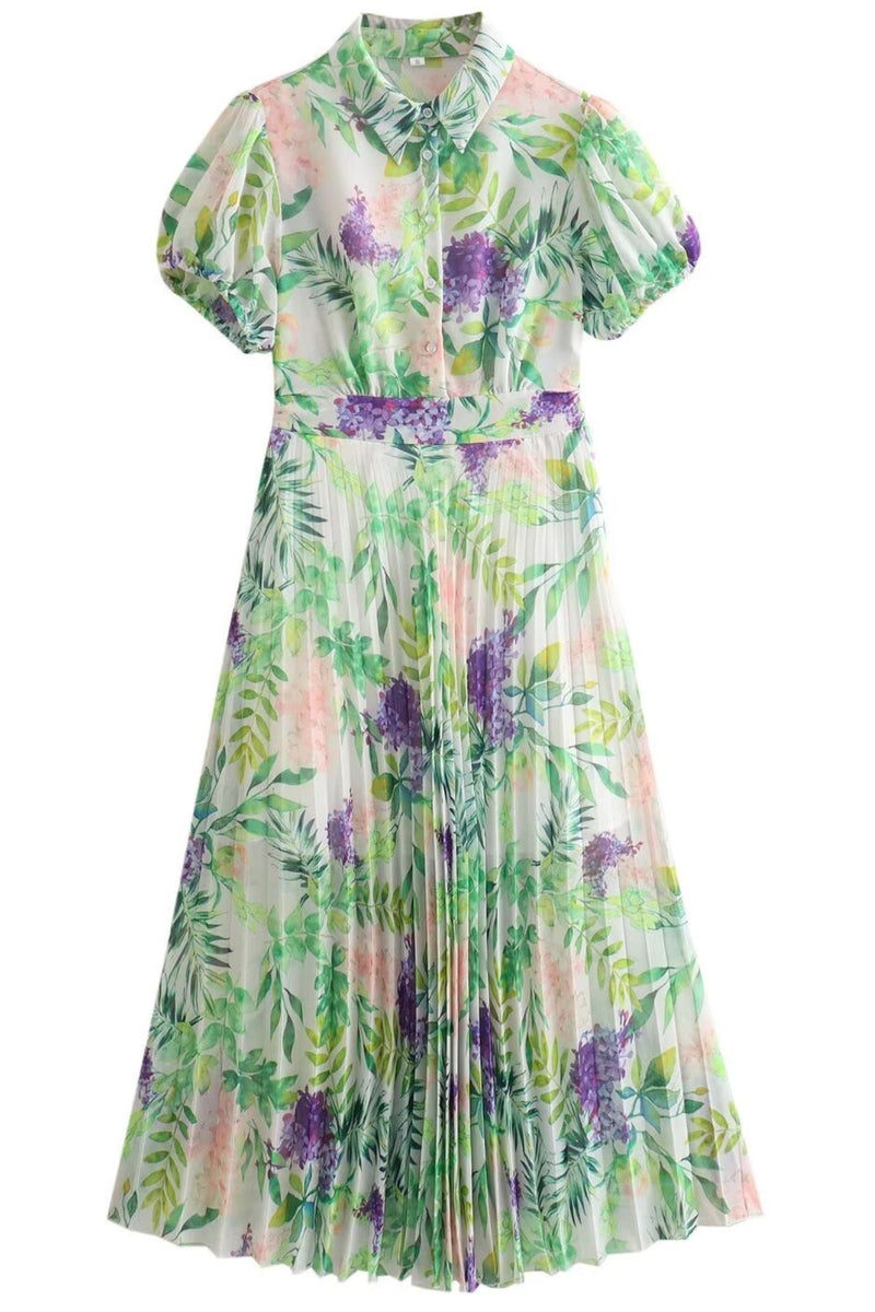 CATHERINE Collared Floral Pleated Midi Dress