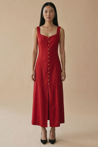 SOLENE Linen Button-Front Maxi Dress (Red)