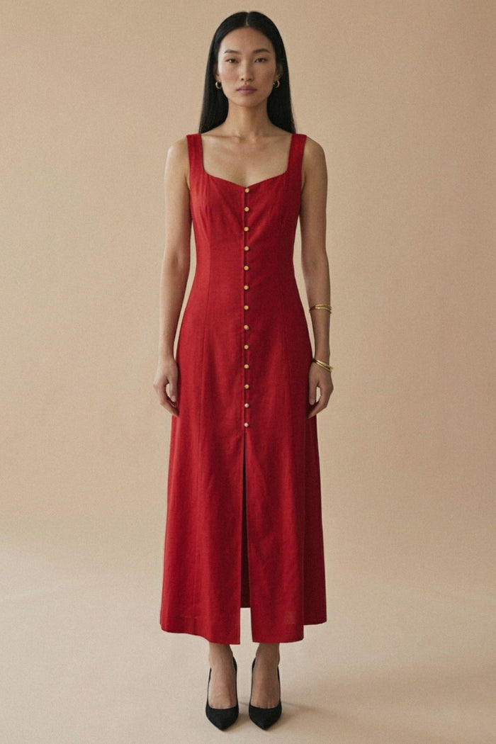 SOLENE Linen Button-Front Maxi Dress (Red)