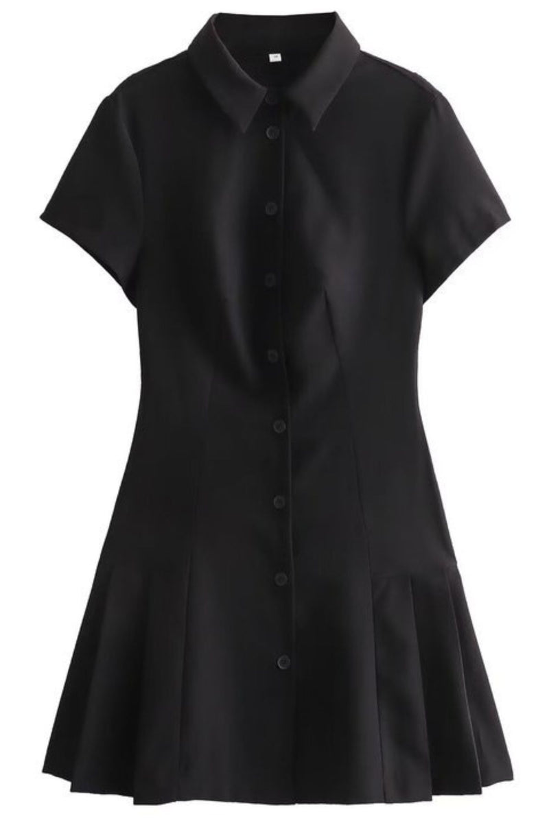 ROSIE Pleated Button-Down Mini Dress (Black)