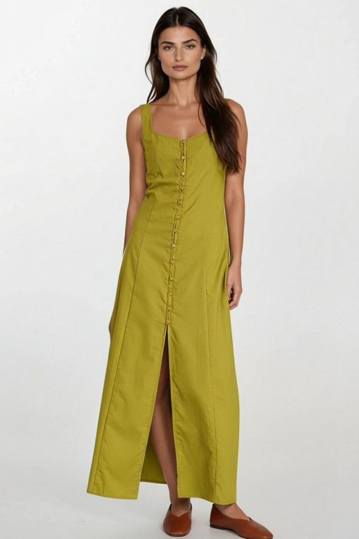 SOLENE Linen Button-Front Midi Dress (Olive Green)