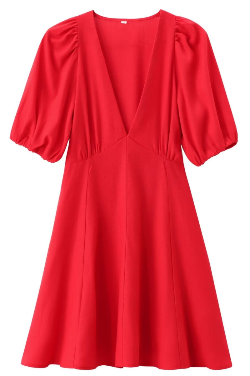 ADRIANA Linen V-Neck Puff-Sleeve Mini Dress (Red)