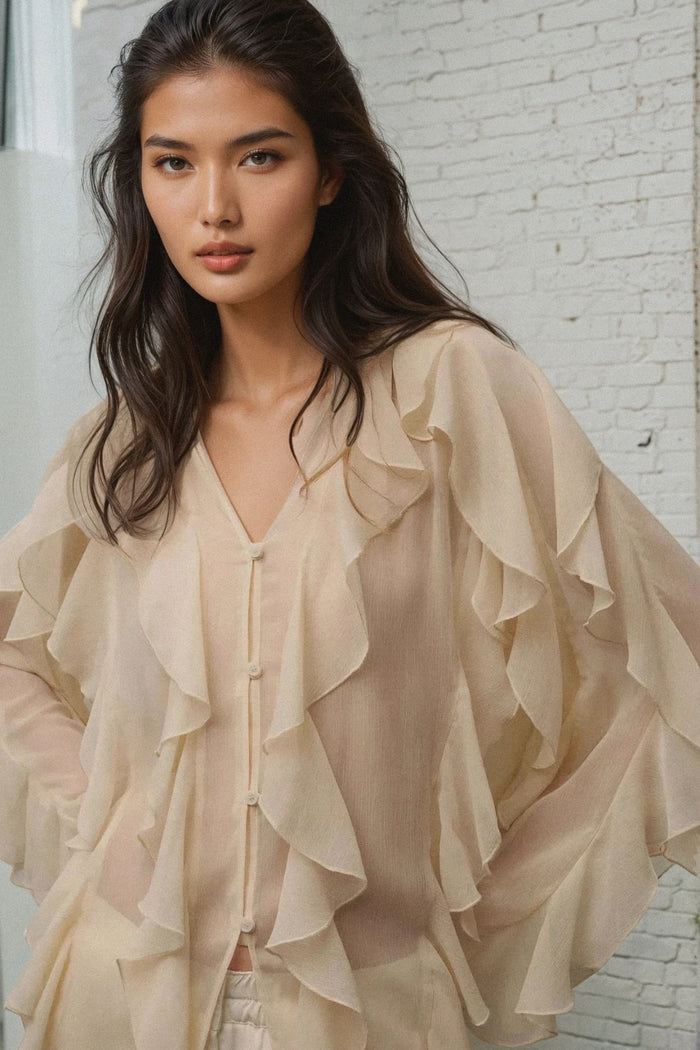 CALLA Ruffle Chiffon Statement Blouse (Cream)
