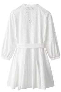 REMI V-Neck Long-Sleeve Button-Down Eyelet Mini Dress (White)