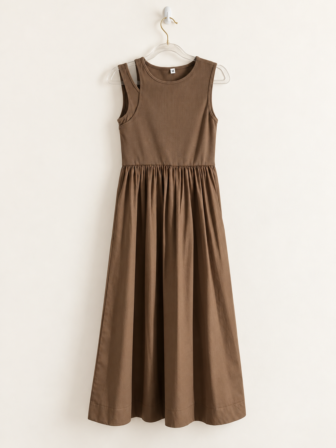 MARGOT Sleeveless Ribbed Bodice Midi Dress with Pockets (Mocha Brown)