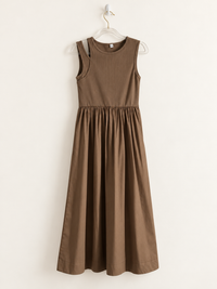 MARGOT Sleeveless Ribbed Bodice Midi Dress with Pockets (Mocha Brown)
