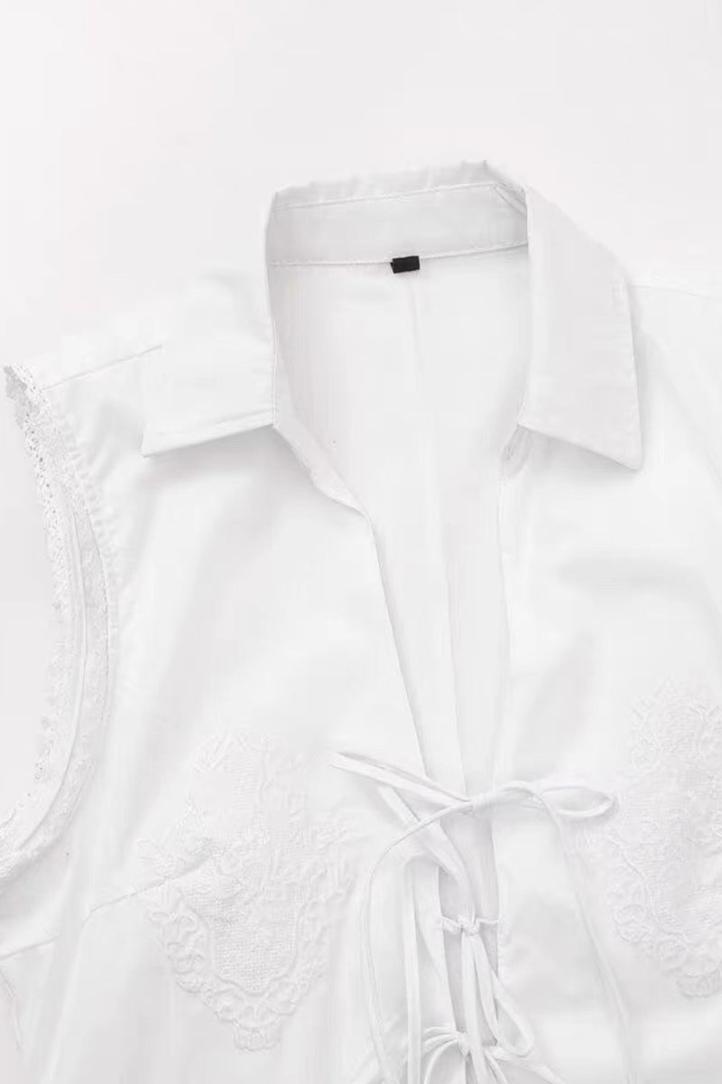 TALIA Embroidered Poplin Lace-Up Mini Dress (White)