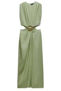 SAMARA Linen Buckled Cut-Out Midi Dress (Sage Green)