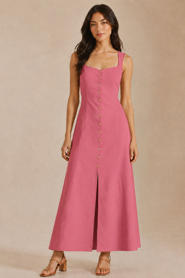 SOLENE Linen Button-Front Maxi Dress (Coral Pink)