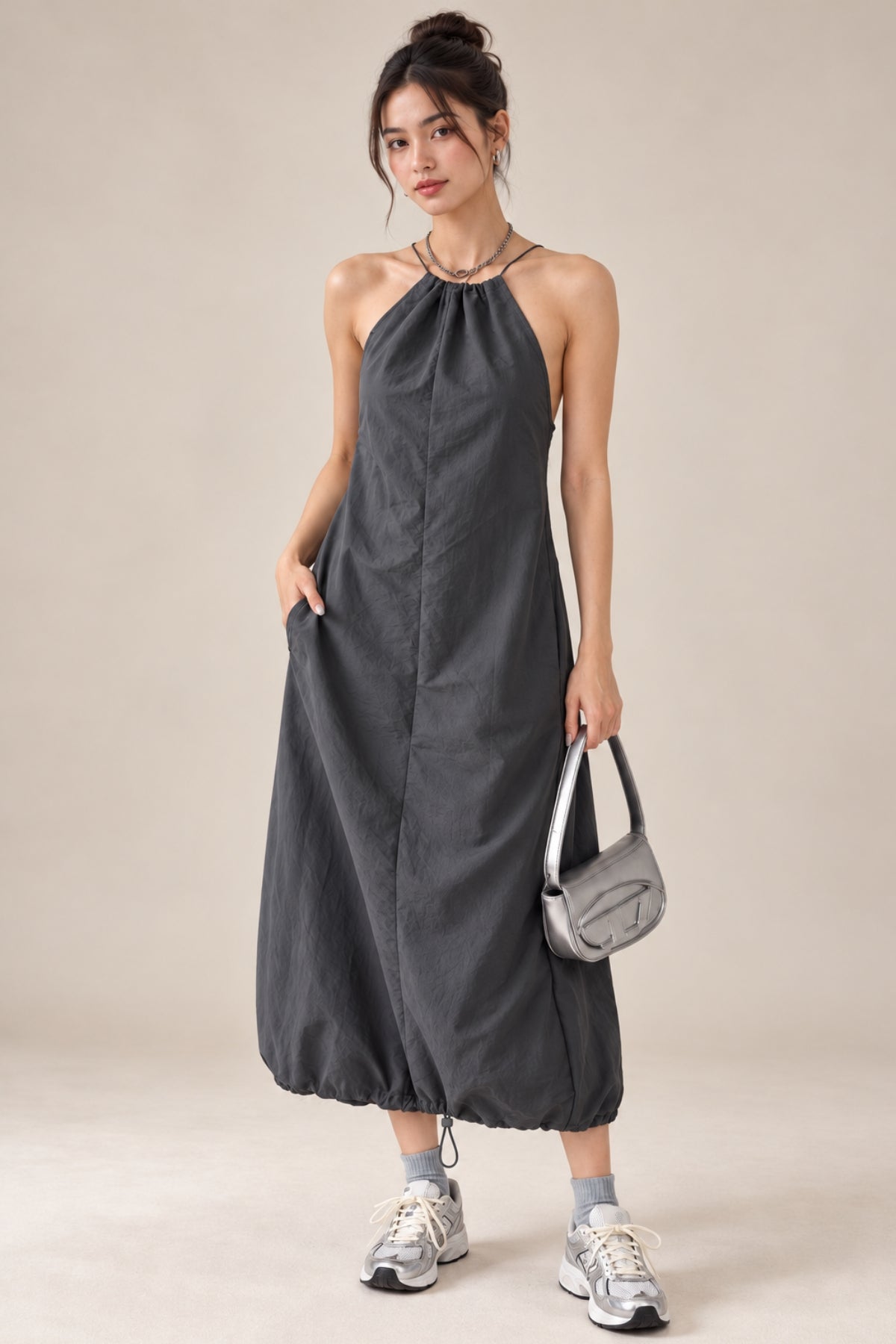 RAELYNN Halter Midi Parachute Dress W/ Toggle Drawstring Back & Hem (Coal Grey)