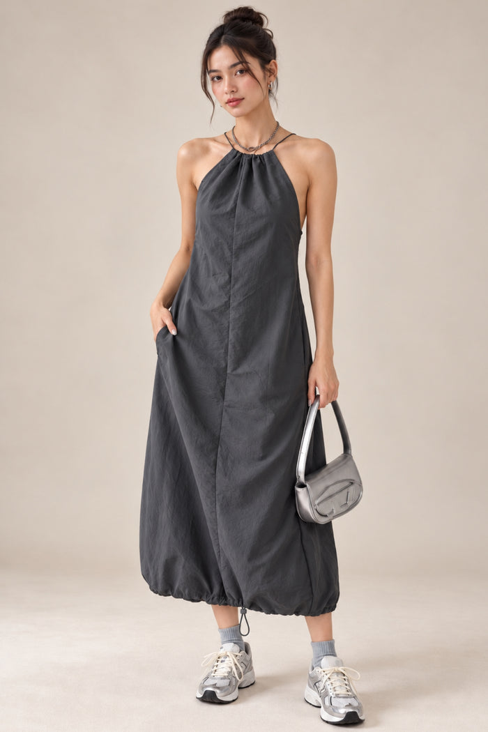 RAELYNN Halter Midi Parachute Dress W/ Toggle Drawstring Back & Hem (Coal Grey)