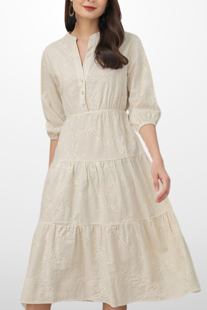 KAIA Tiered Embroidered Linen Midi Dress (Oat)