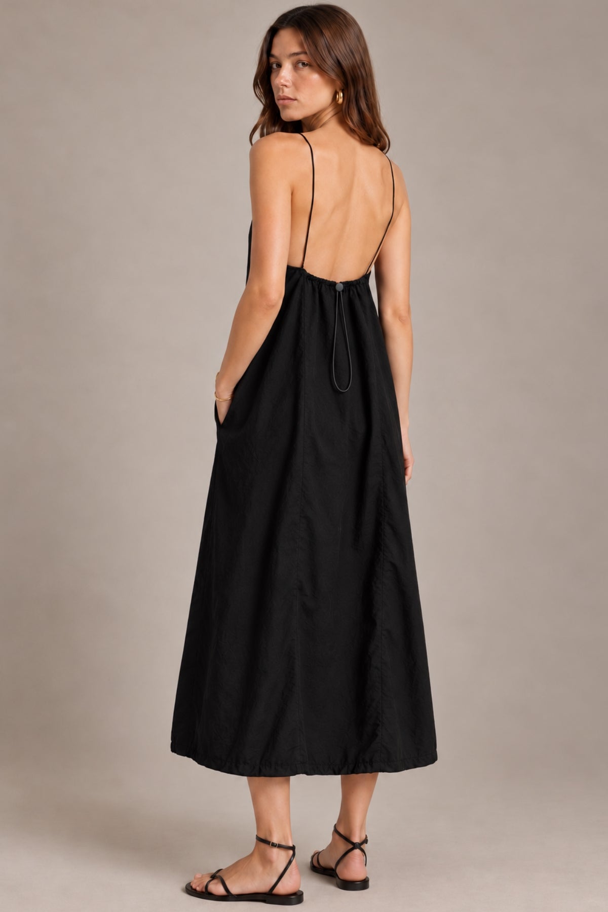 RAELYNN Halter Midi Parachute Dress W/ Toggle Drawstring Back & Hem (Black)