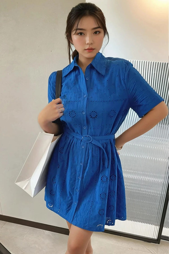 CELIA Broderie Eyelet Shirt Dress (Cobalt Blue)