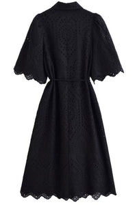 ODETTE Broderie Eyelet Midi Dress with Rope Tie (Black)
