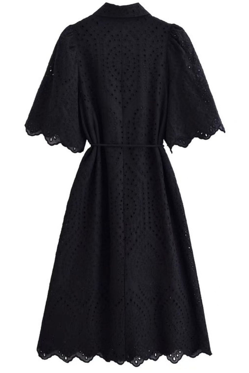 ODETTE Broderie Eyelet Midi Dress with Rope Tie (Black)