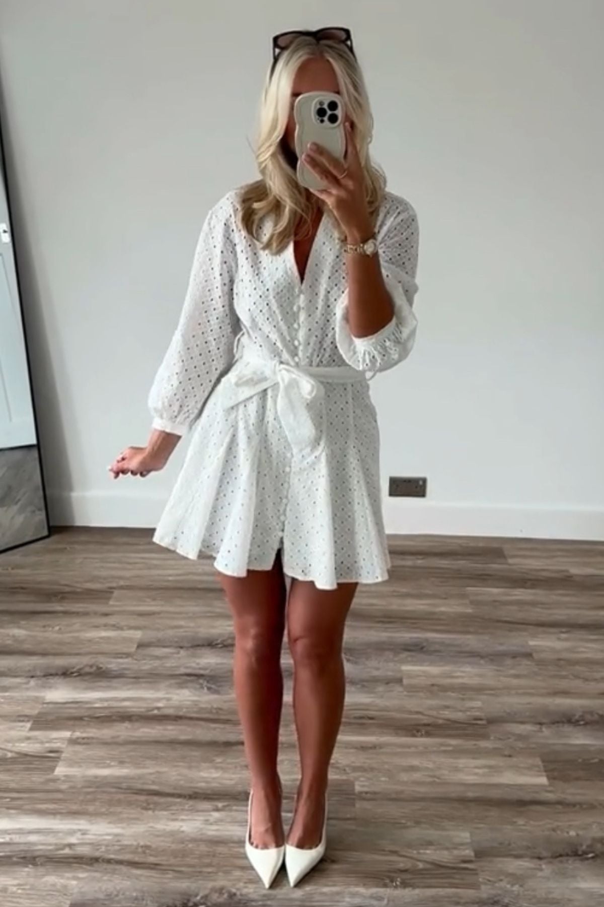 REMI V-Neck Long-Sleeve Button-Down Eyelet Mini Dress (White)