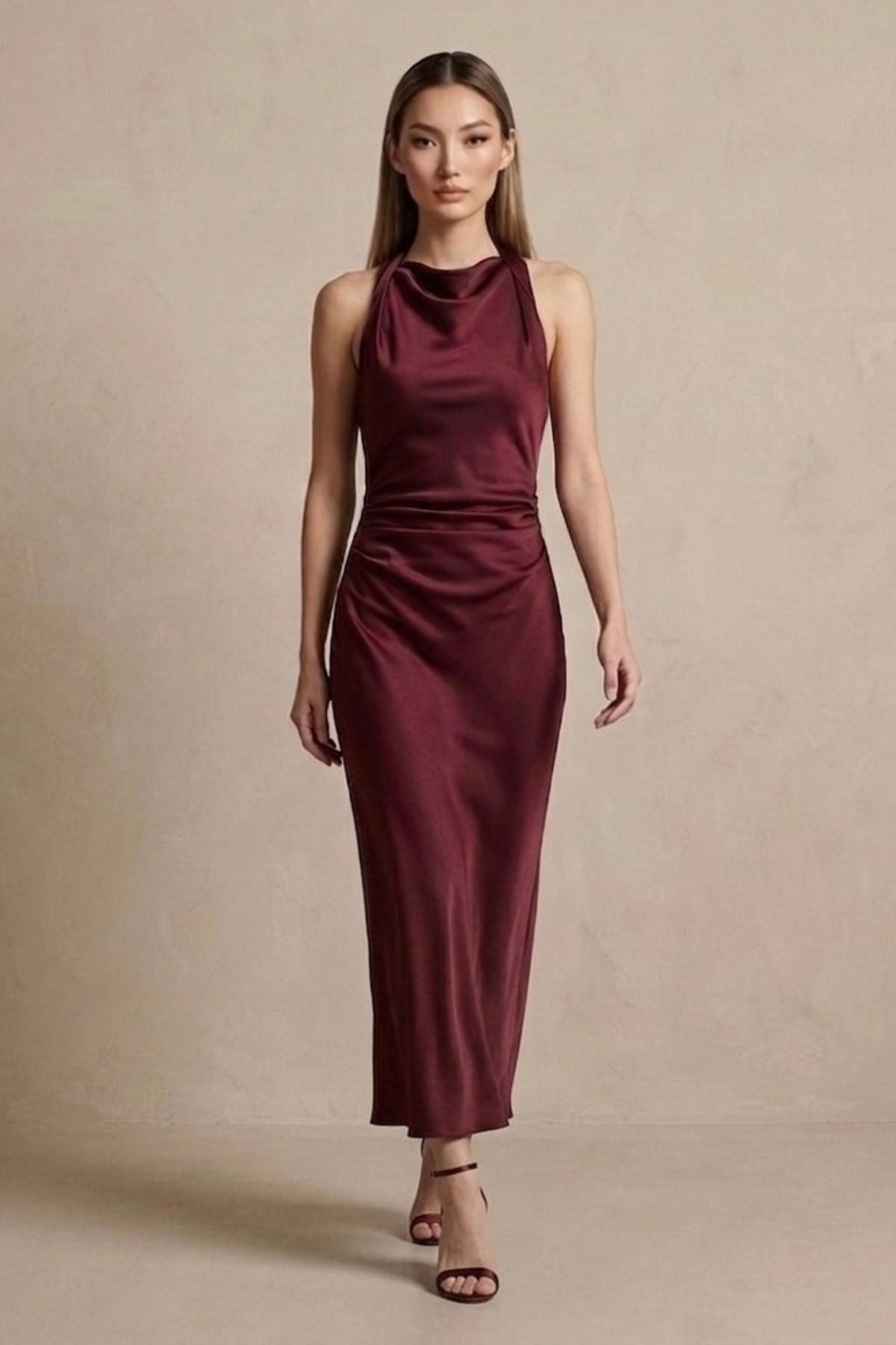 EVELYN Satin Cowl-Neck Midi Dress (Burgundy Red)
