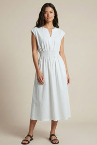CELINE Smocked Waist Cotton Midi Dress with Pockets (White)