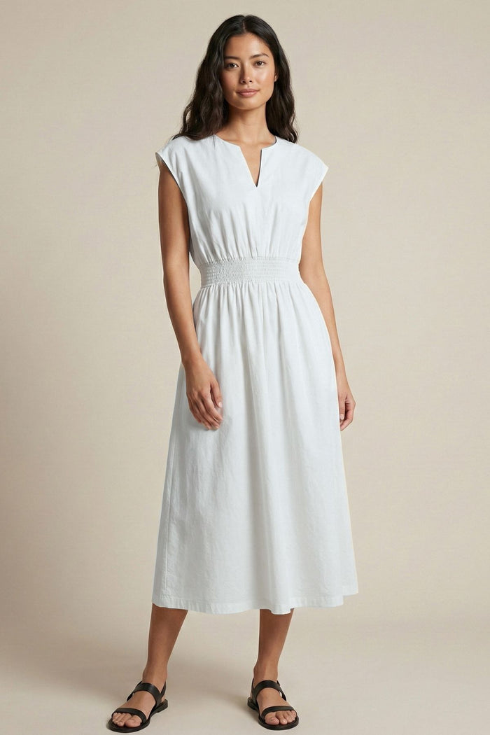 CELINE Smocked Waist Cotton Midi Dress with Pockets (White)