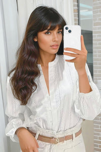 THEA Embroidered V-Neck Eyelet Blouse (White)