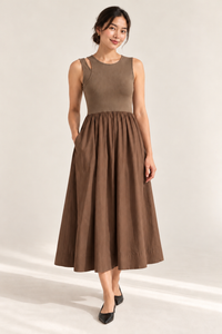 MARGOT Sleeveless Ribbed Bodice Midi Dress with Pockets (Mocha Brown)