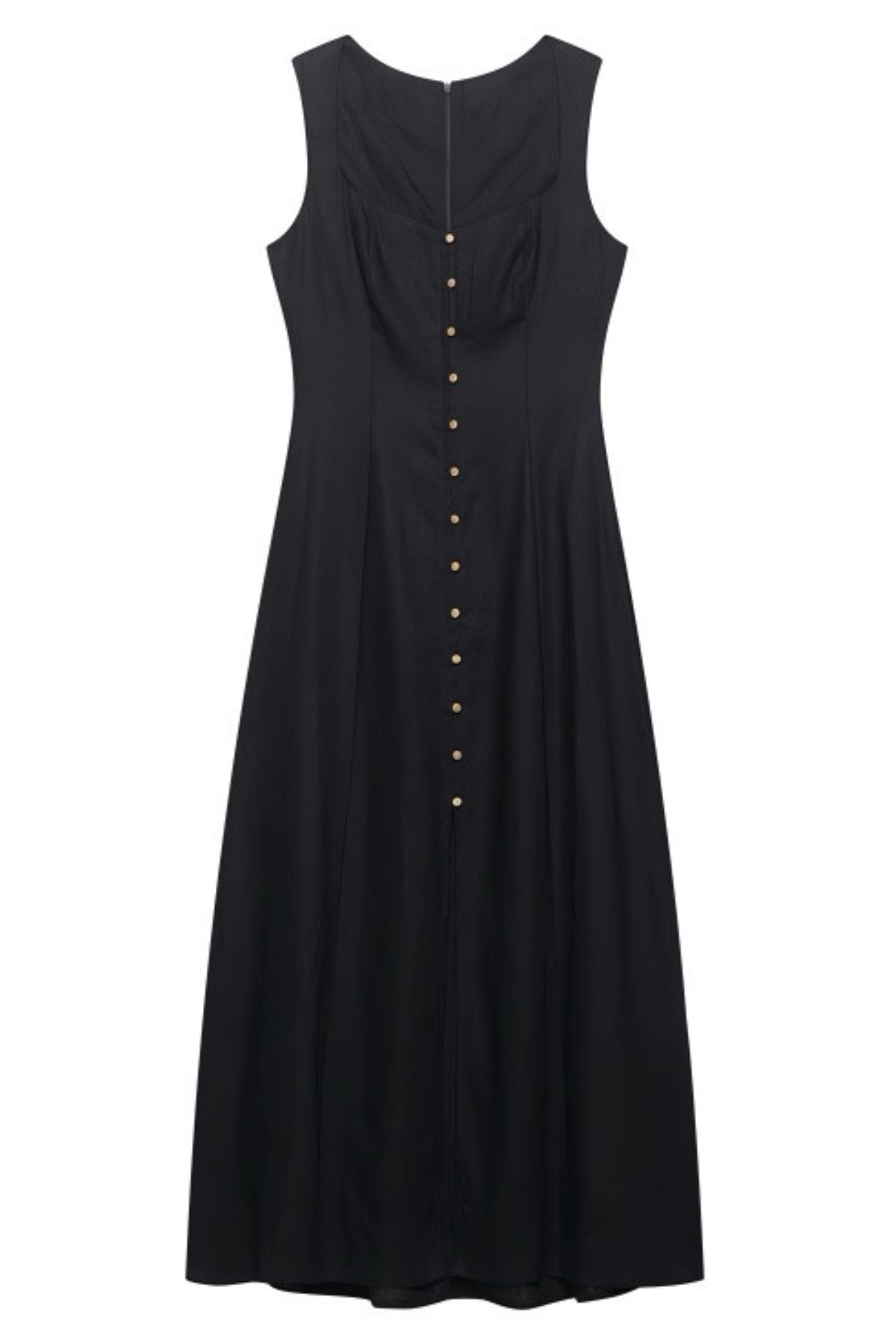 SOLENE Linen Button-Front Midi Dress (Black)