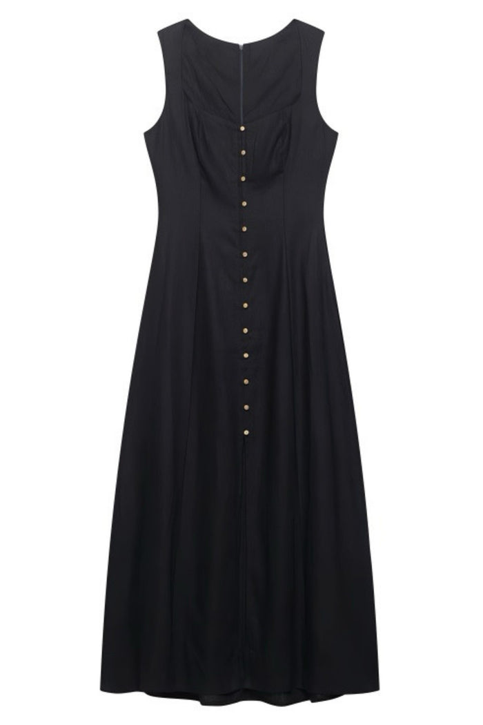 SOLENE Linen Button-Front Midi Dress (Black)