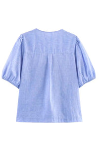 FINLEY V-neck Ribbon-Tie Puff Sleeve Top (Powder Blue)