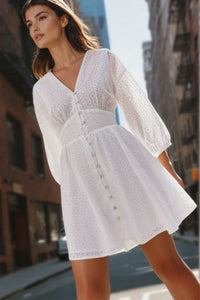 ISLA Puff Sleeve Broderie Eyelet Mini Dress (White)
