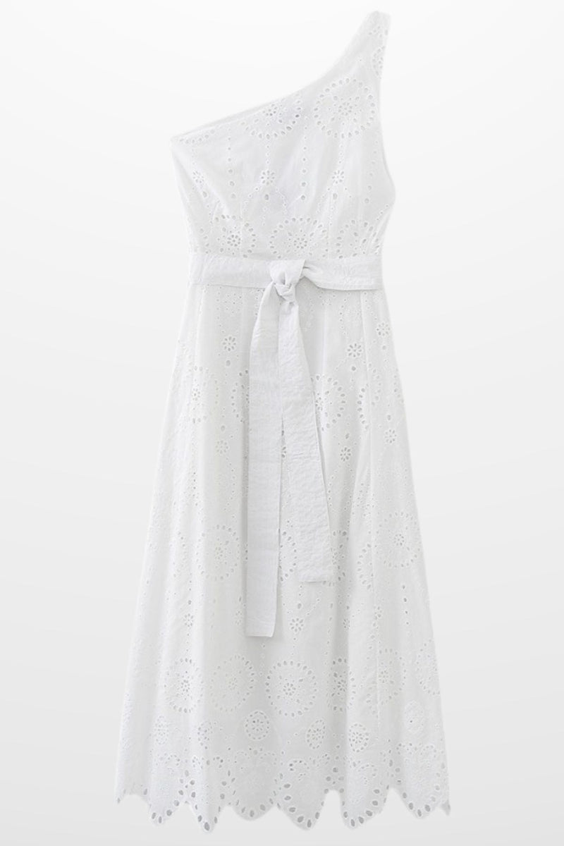 TESSA One-Shoulder Eyelet Midi Dress (White)