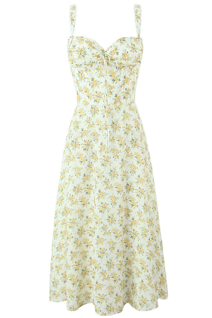 REBECCA Floral Bustier Midi Dress w/ Lace Hem (Yellow)